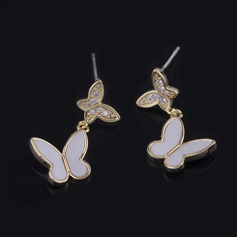 Elegant Rhinestone Enamel Butterfly Drop Stud & Clip On No Piercing Gold Alloy Women's Earrings