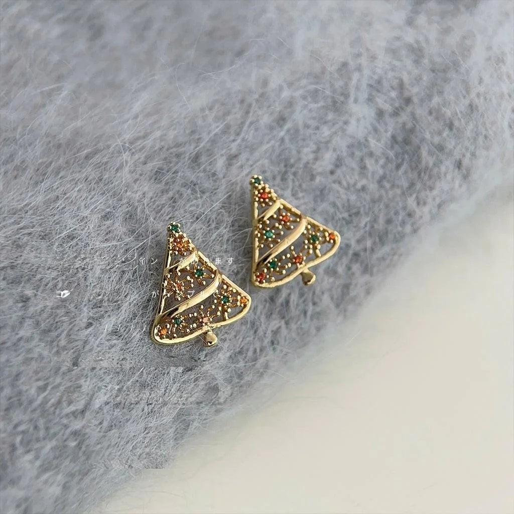 Christmas Tree Stud Earrings Micro Pave Zircon Hollow Copper Red Green Holiday Jewelry