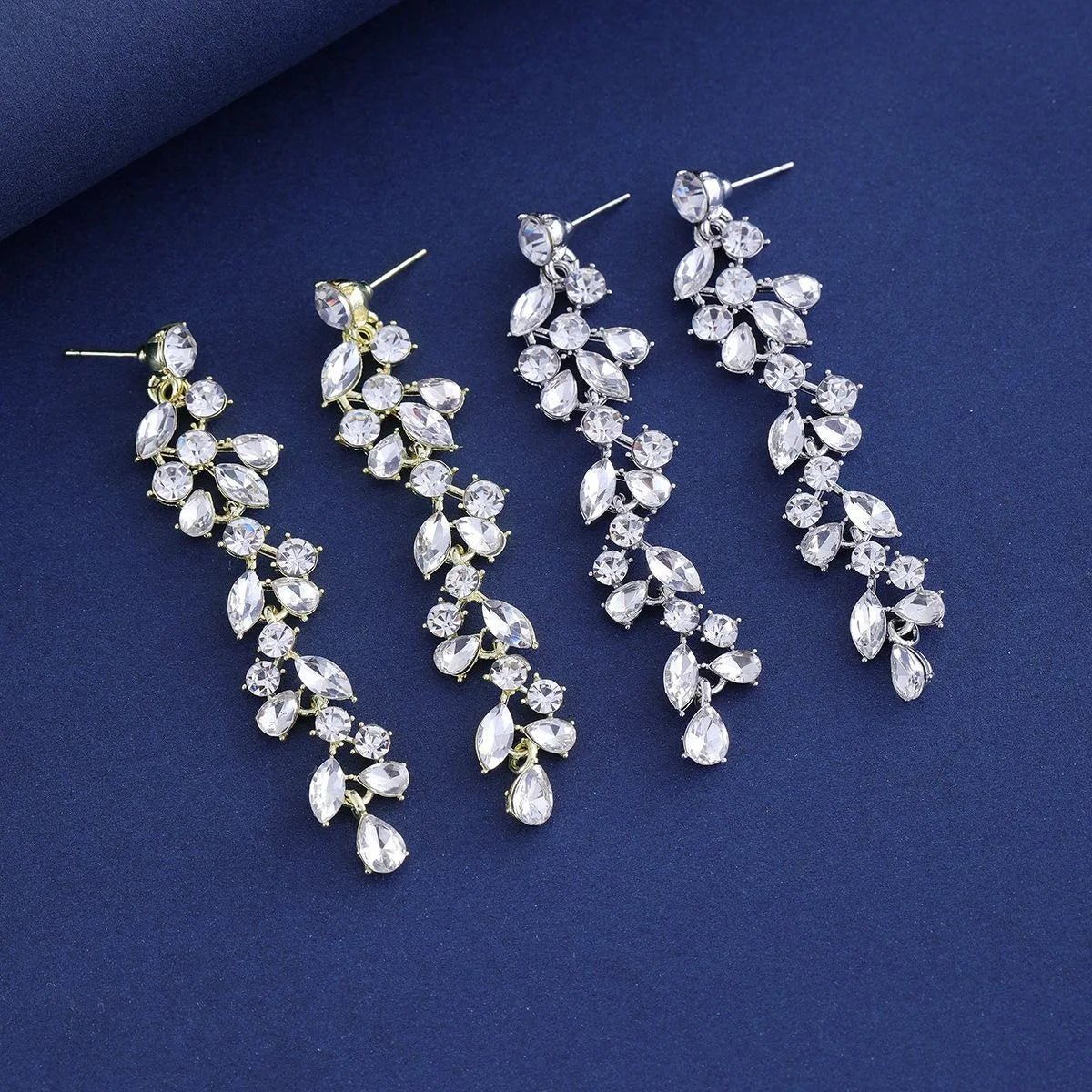 Korean Elegant Long Tassel Drop Earrings With Zircon Rhinestone Petal Design For Wedding Party