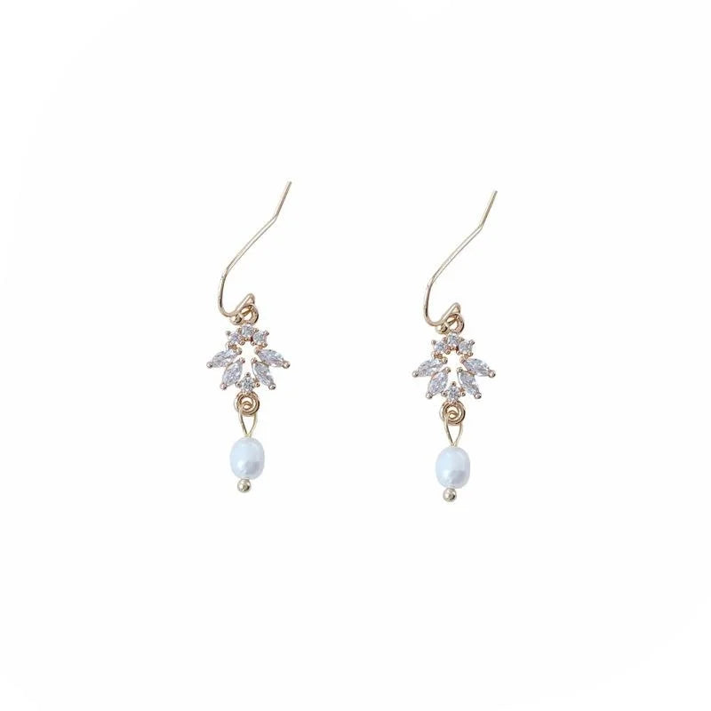 Light Luxury 14K Gold Plated Copper Freshwater Pearl Zircon Geometric Drop Earrings