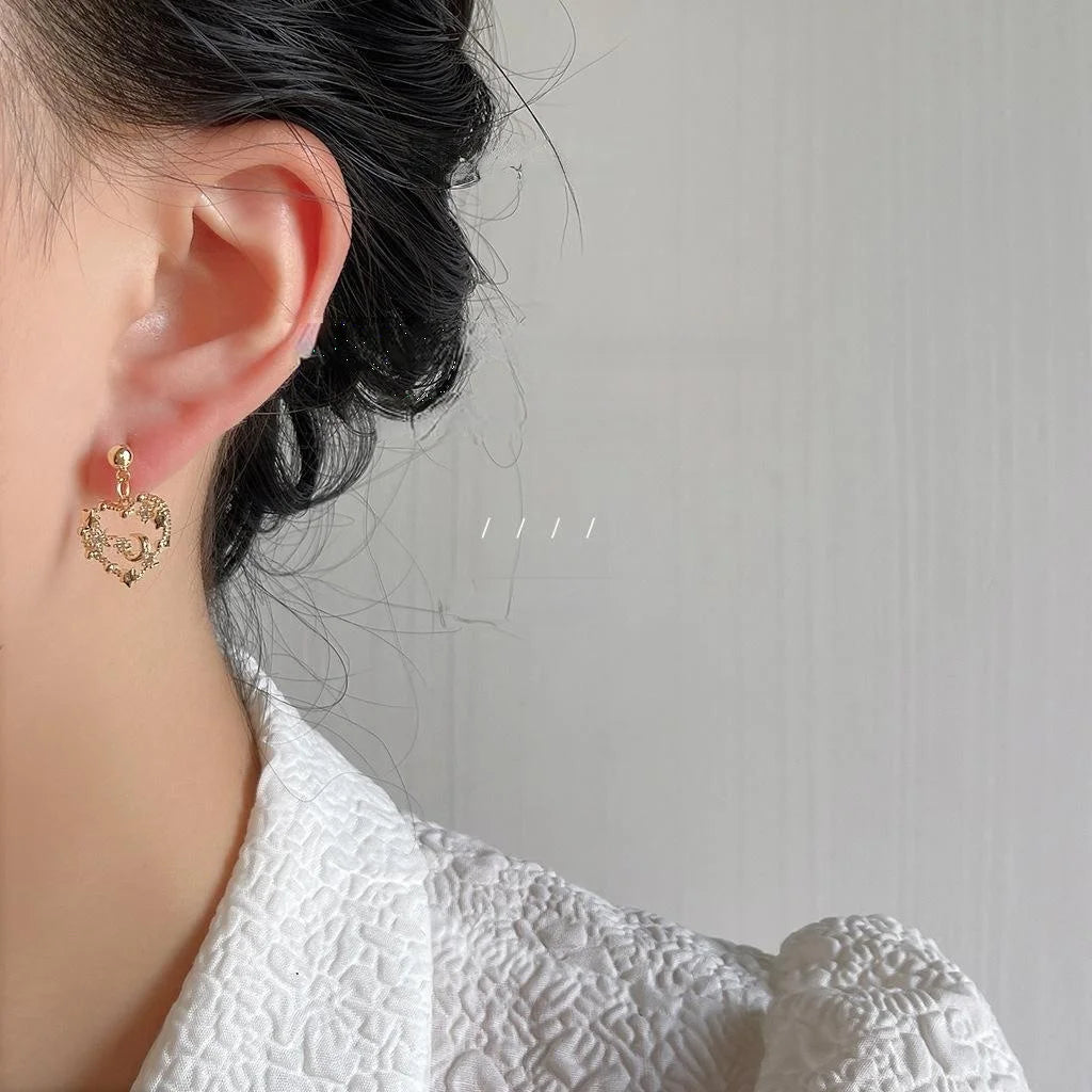 Vintage Silver Plated Copper Heart Star Moon Micro Pave Zircon Stud Earrings