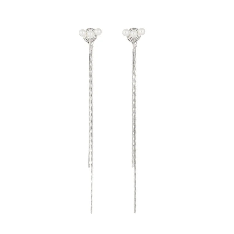 Elegant Pearl Spiral Disc Long Chain Tassel Alloy Stud & Clip On No Piercing Drop Earrings