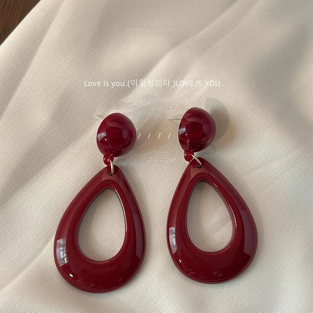 Burgundy Acrylic Waterdrop Stud Earrings Silver Plated Pin French Retro Hong Kong Style Jewelry