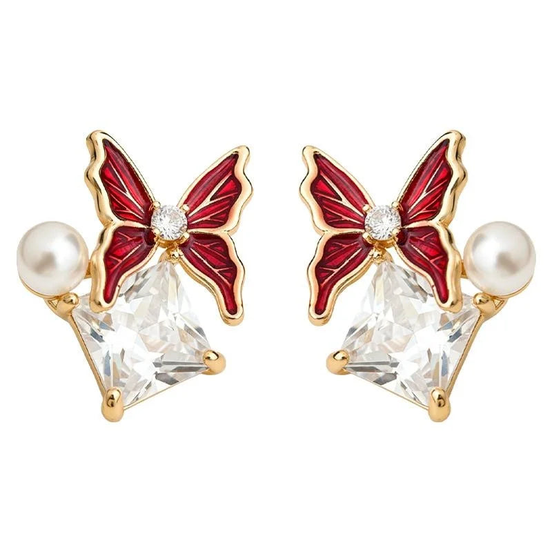 Luxury Butterfly Geometric Zircon Pearl Enamel Copper Stud Earrings