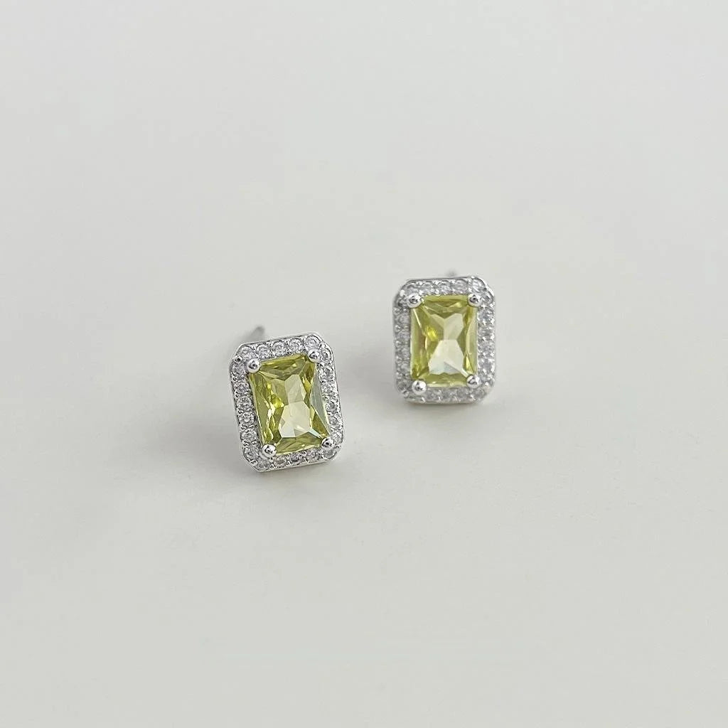 Olive Green Square Geometric Micro Pave Zircon Copper Stud Earrings For Women, Premium Minimalist Style