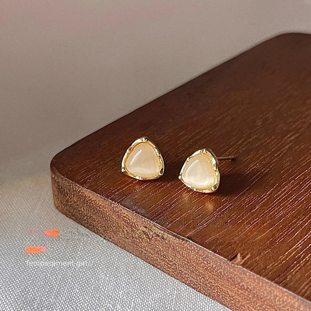14K Gold Plated Copper Triangle Glass Cat Eye Stud Earrings With Silver Plated Posts