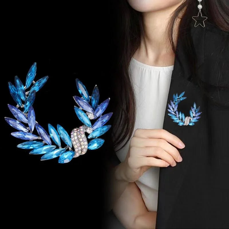Elegant Blue Crystal Wheat Leaf Brooch With Rhinestone Accent, Luxury Alloy Lapel Pin Corsage Gift
