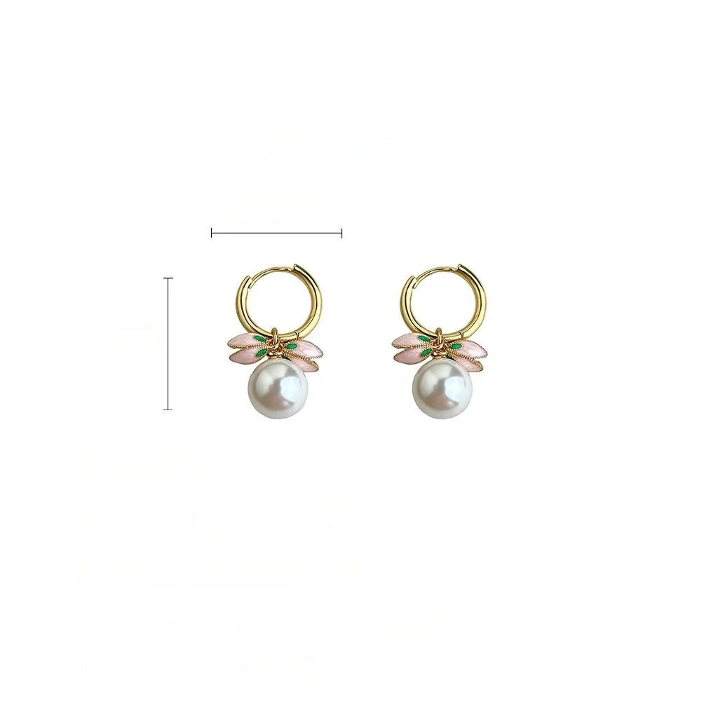 French Elegant Tulip Enamel Copper Glass Pearl Drop Earrings Sweet Pink Flower Jewelry