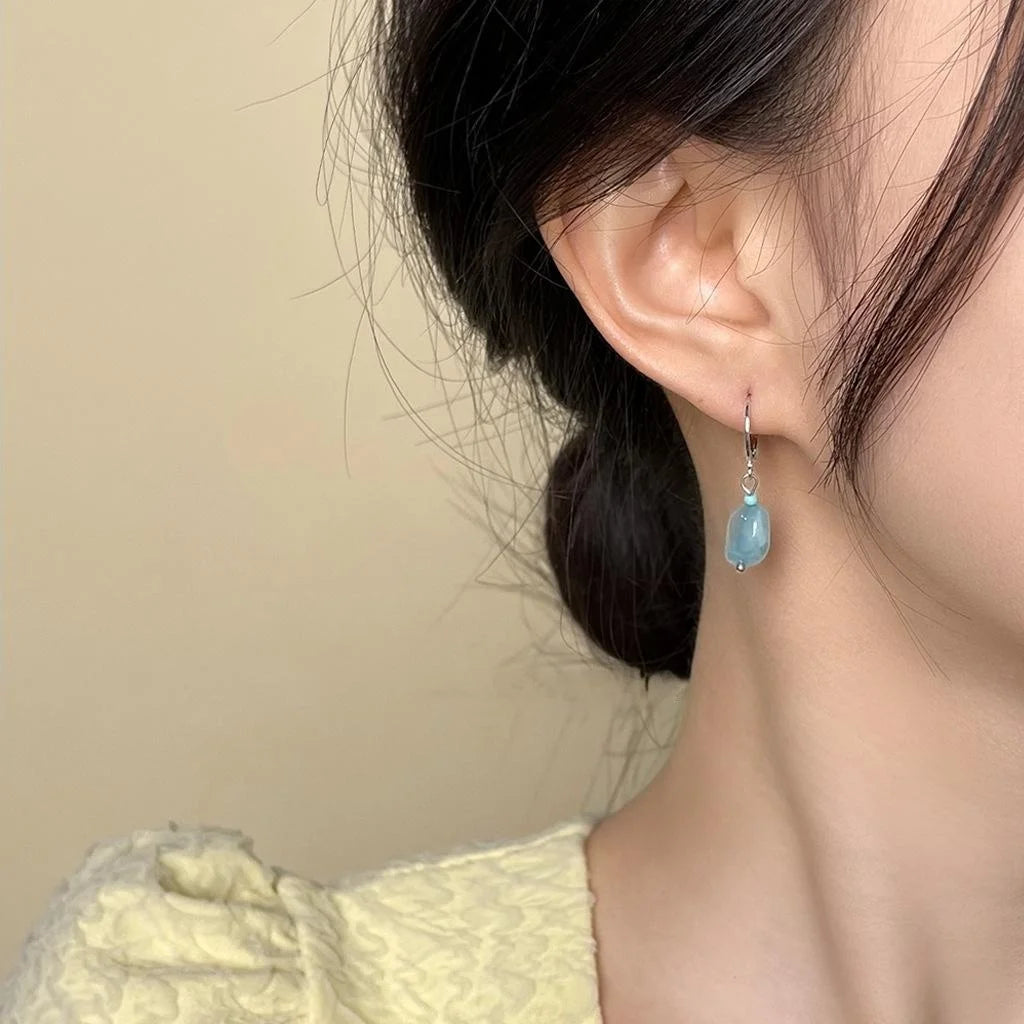 Fresh Blue Crystal Chip Drop Earrings Copper Irregular Geometric Natural Stone Vacation Style