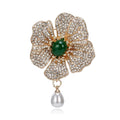 Luxury Rhinestone Camellia Flower Brooch With Green Stone And Pearl Drop, Elegant Lapel Pin Suit Accessory