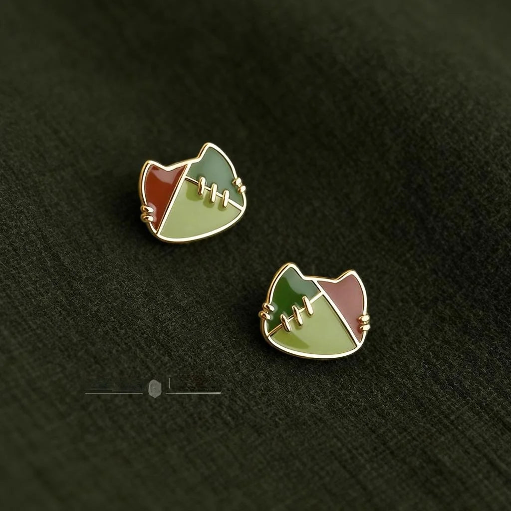 Handmade Painted Enamel Cat Head Stud Earrings Eco Copper Cute Artistic Jewelry