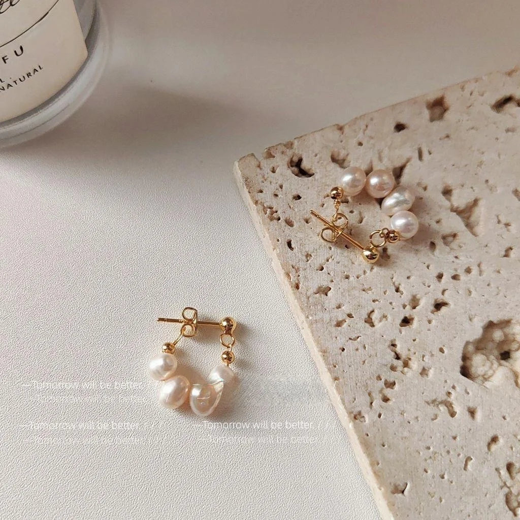Handmade Baroque Freshwater Pearl Stud Earrings 14K Gold Plated Geometric Jewelry