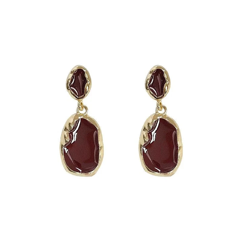 Luxury Hong Kong Retro Copper 14K Plated Burgundy Enamel Irregular Oval Drop Earrings