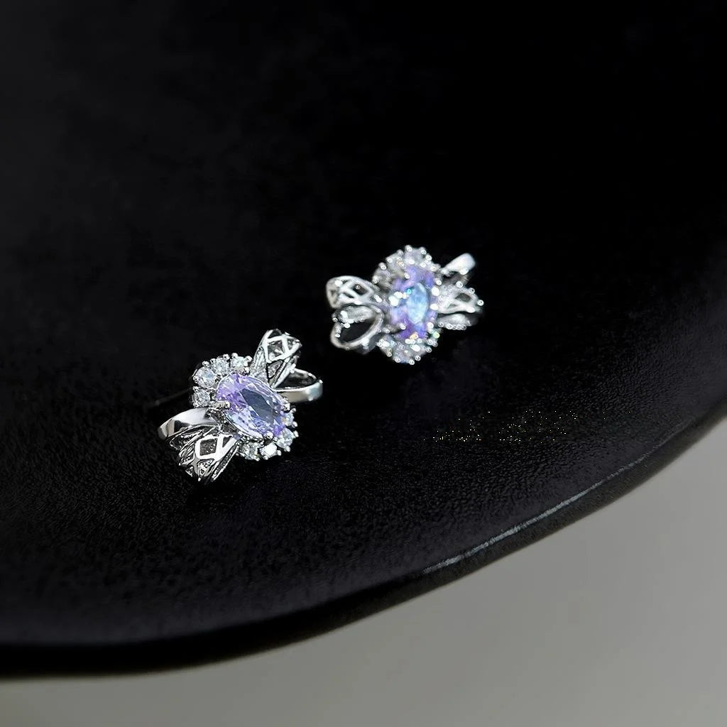 Light Luxury Purple Zircon Hollow 3D Bow Geometric Copper Stud Earrings