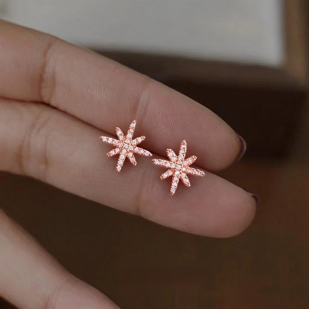 Rose Gold Copper Zircon Eight Point Star Stud Earrings Minimalist Snowflake Design for Women