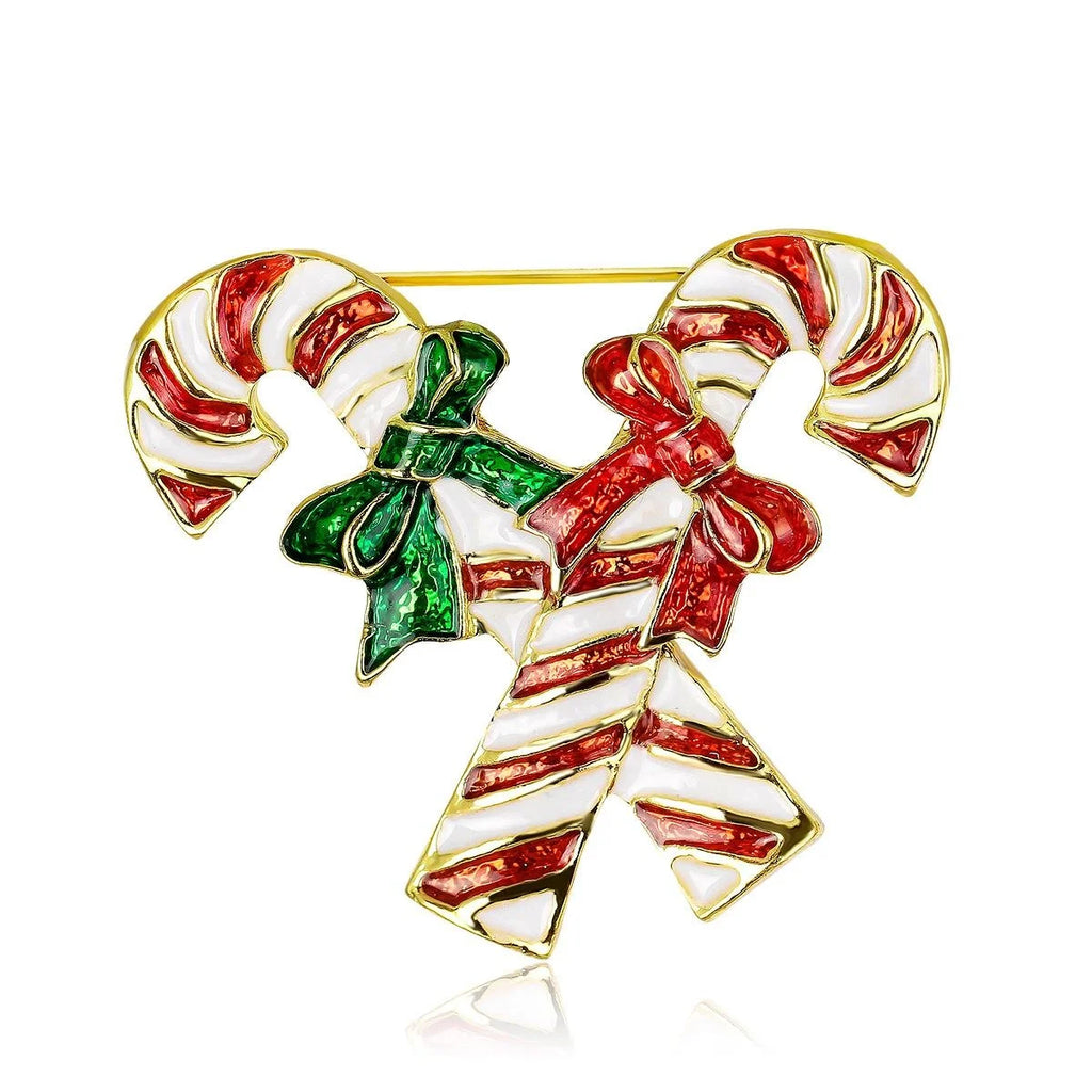 Cute Christmas Candy Cane Enamel Brooch With Red Green Bows, Gold Tone Alloy Lapel Pin Corsage Gift