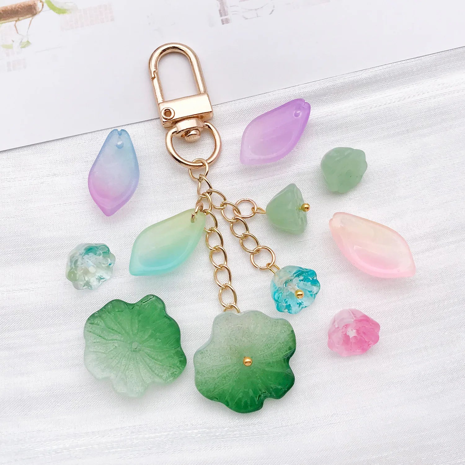 Glass Clear Gradient Lotus Flower and Leaf Bead Earring Charms for Jewelry Making