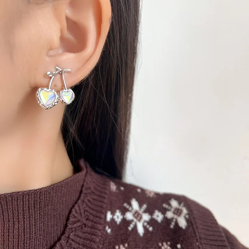 Elegant Silver Alloy Cherry Heart Opal Fruit Drop Stud & Clip On No Piercing Fashion Earrings