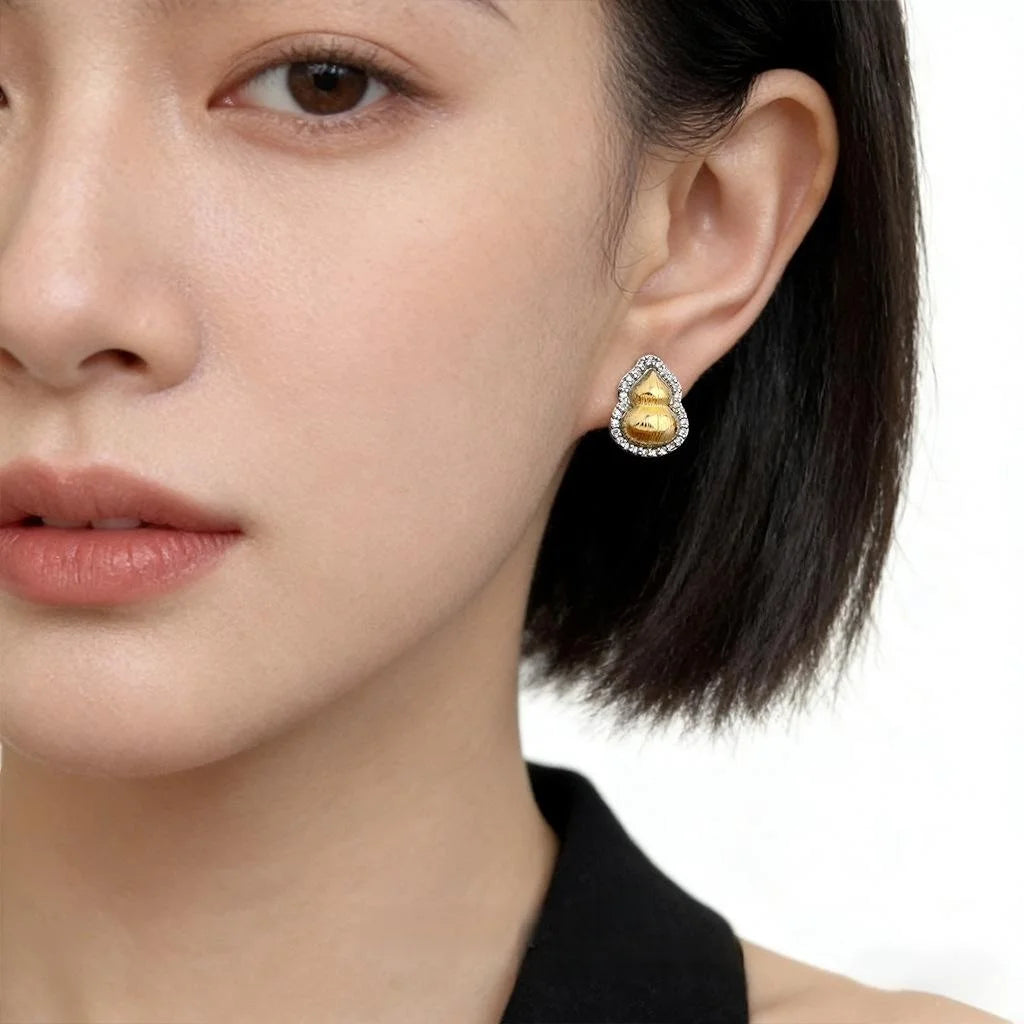 Two Tone Micro Pave Zircon Gourd Stud Earrings, Silver Plated Copper Light Luxury Jewelry