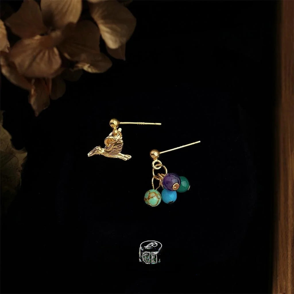 Handmade Designer Niche Asymmetric Natural Stone Bird Copper Drop Earrings For Women