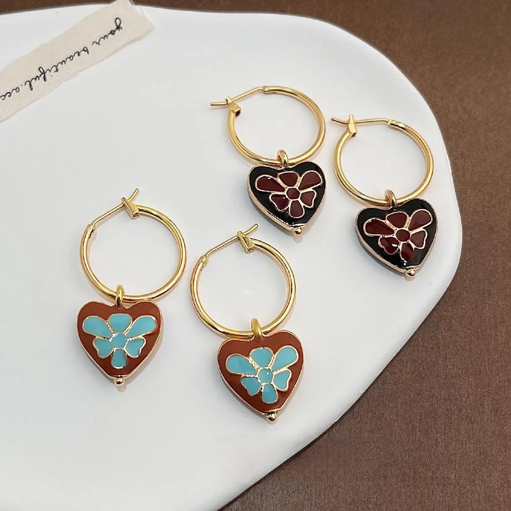 14K Gold Plated Copper Enamel Heart Flower Drop Earrings Retro Minimalist Jewelry