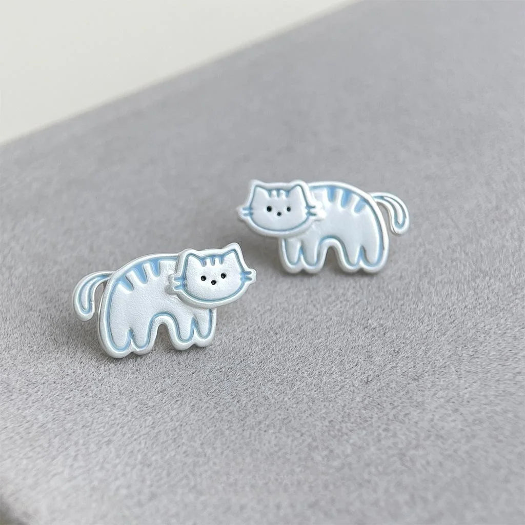 Cute Hand Painted Cat Stud Earrings Copper Sweet Girl Style Jewelry For Women