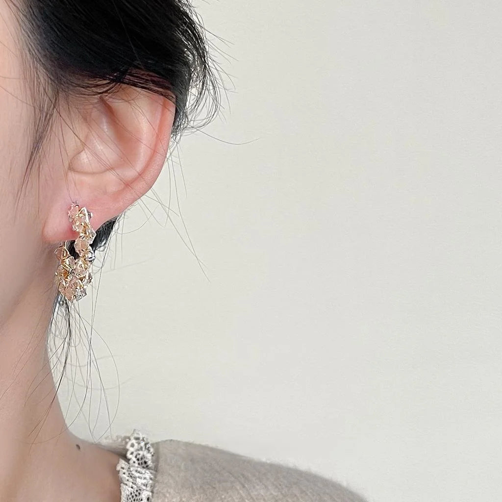 18K Gold Plated Copper Geometric Round Zircon Hoop Earrings, Thick Shiny Luxury Style
