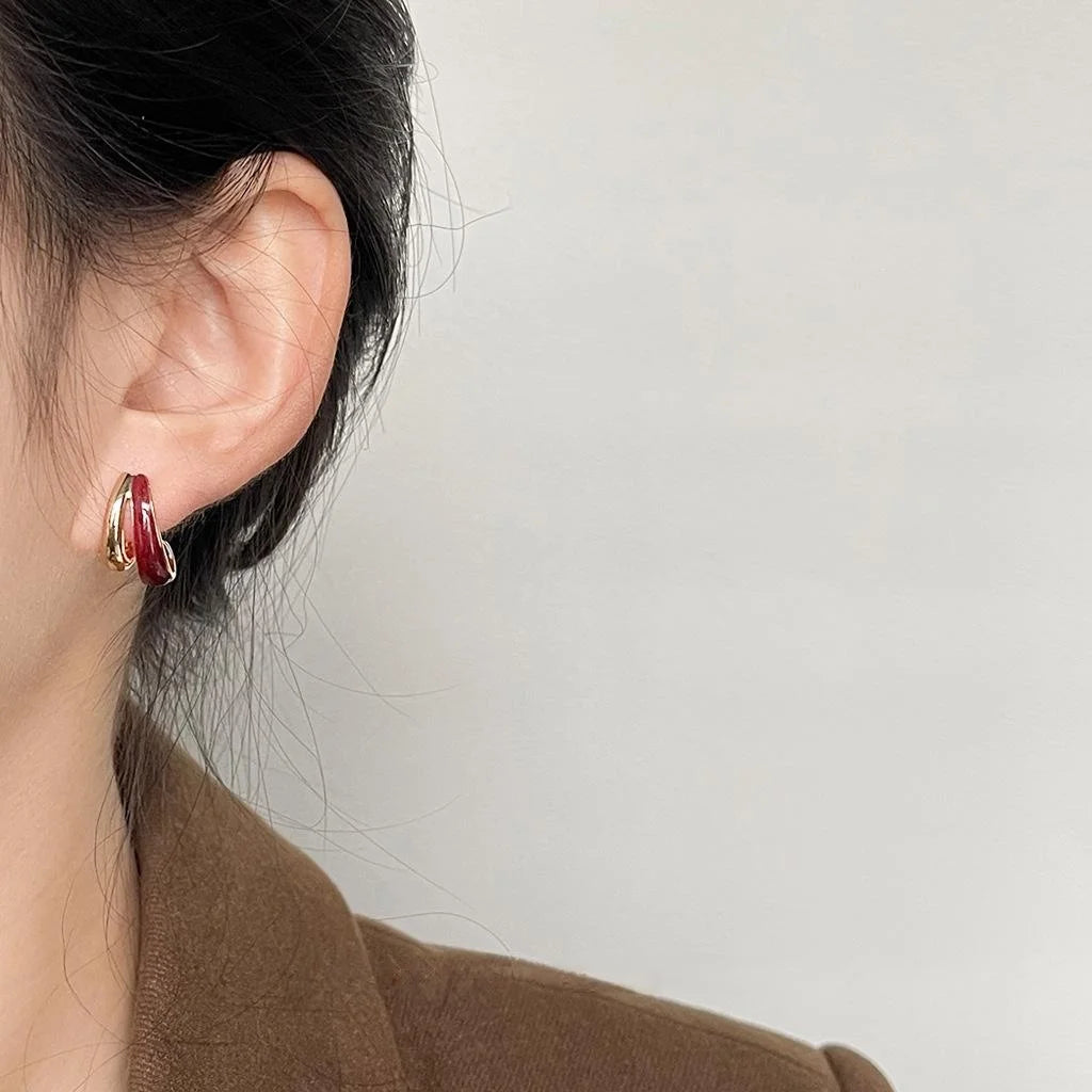 Hong Kong Retro 14K Gold Plated Copper Wine Red Enamel Geometric Hoop Stud Earrings For Women