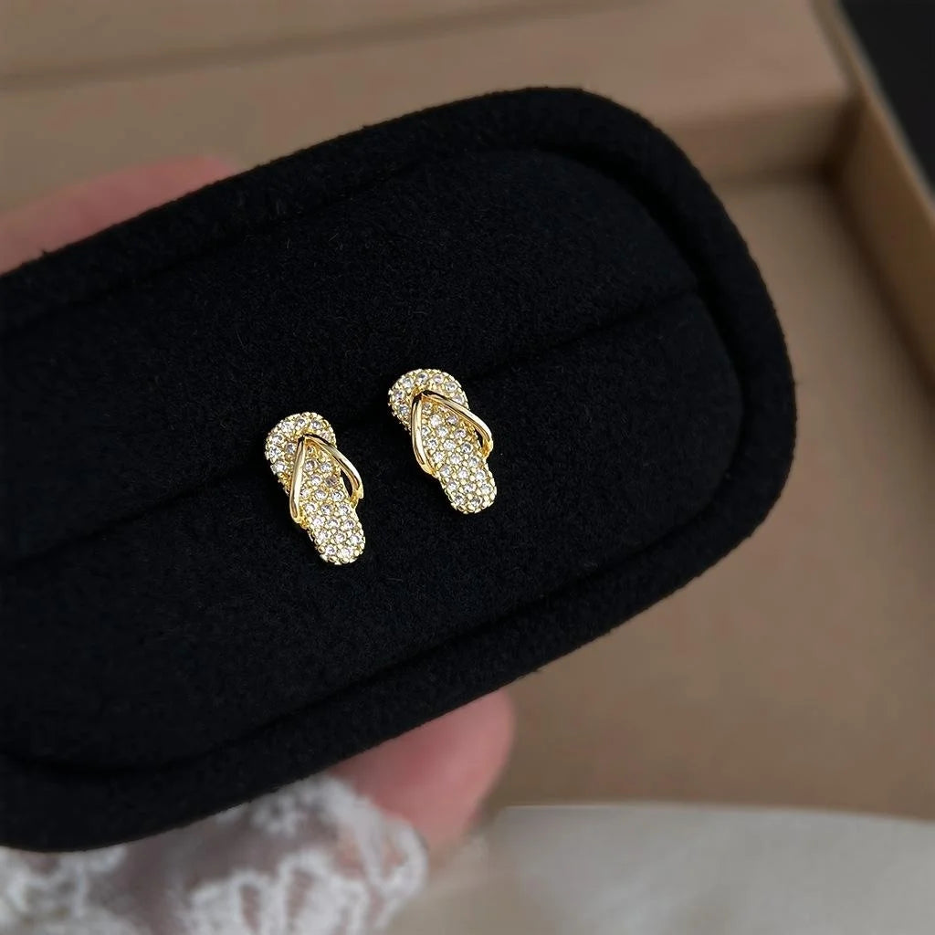 14K Plated Eco Copper Geometric Slipper Stud Earrings With Micro Pave Zircon For Women