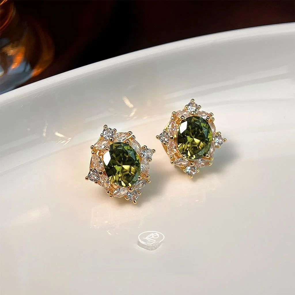 14K Gold Plated Copper Oval Green Zircon Stud Earrings French Vintage Minimalist Jewelry