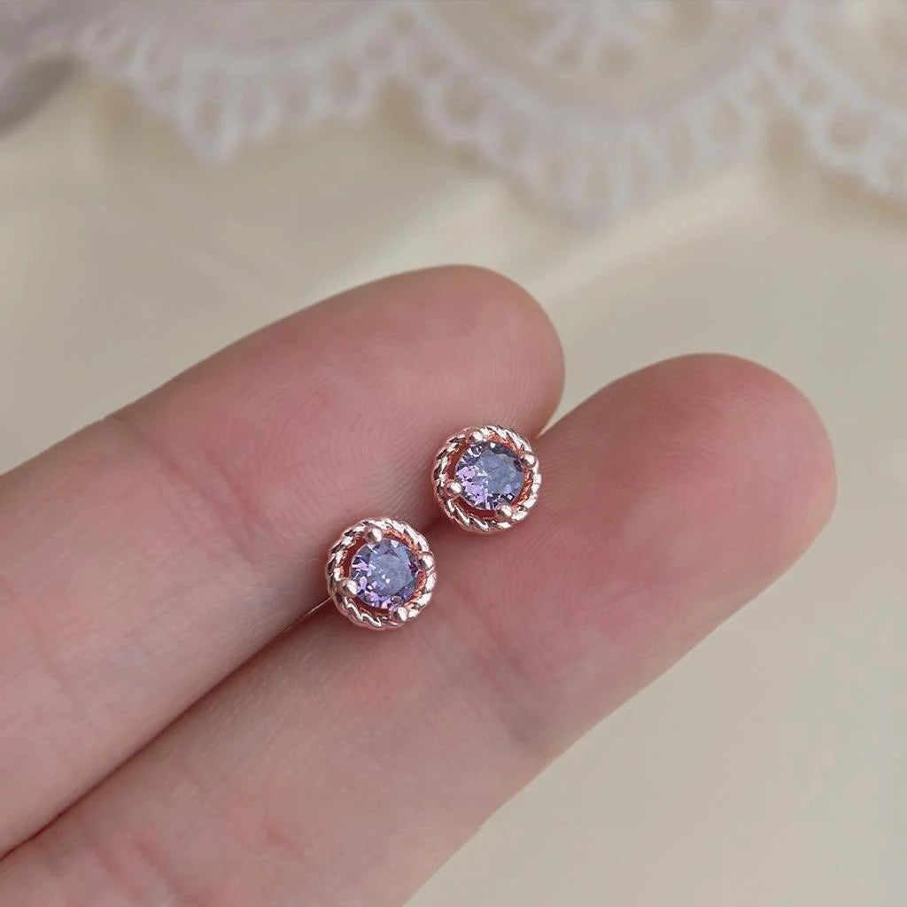 Mini Micro Pave Purple Zircon Round Geometric Rose Gold Plated Copper Stud Earrings