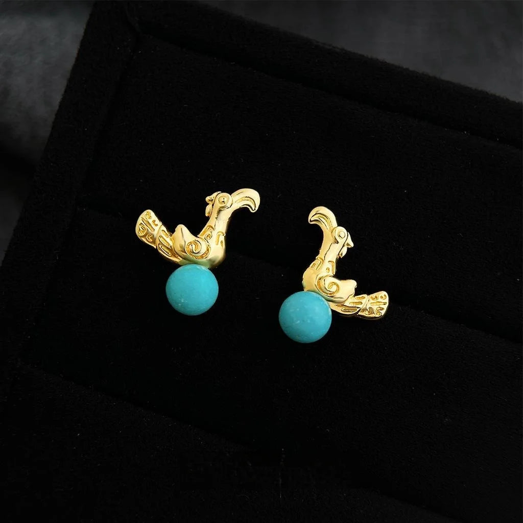 Vintage Bird Geometric Copper Synthetic Turquoise Stud Earrings