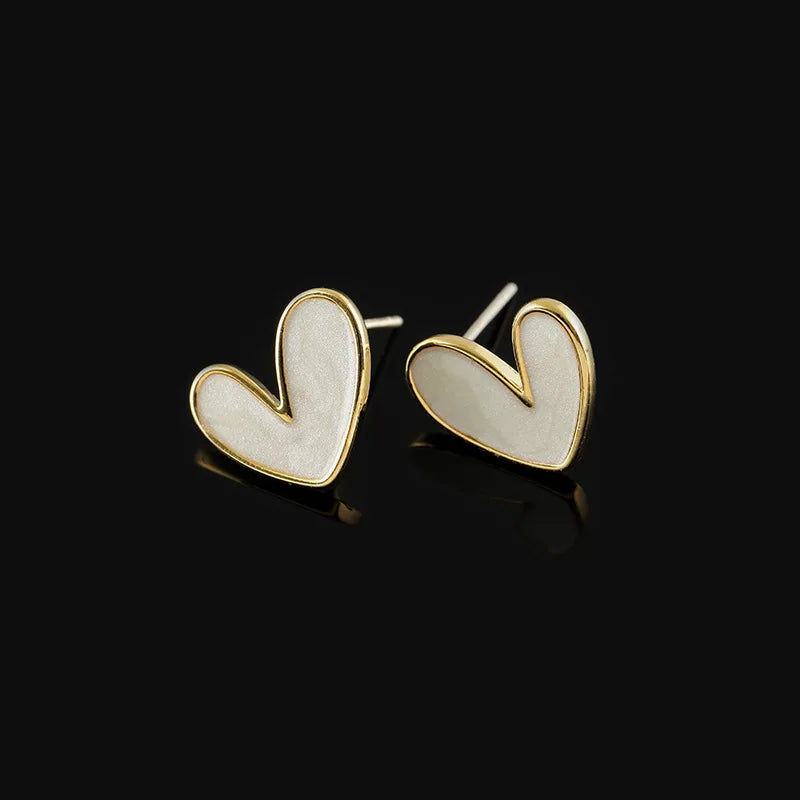 Elegant White Enamel Heart Stud & Clip On No Piercing Alloy Earrings