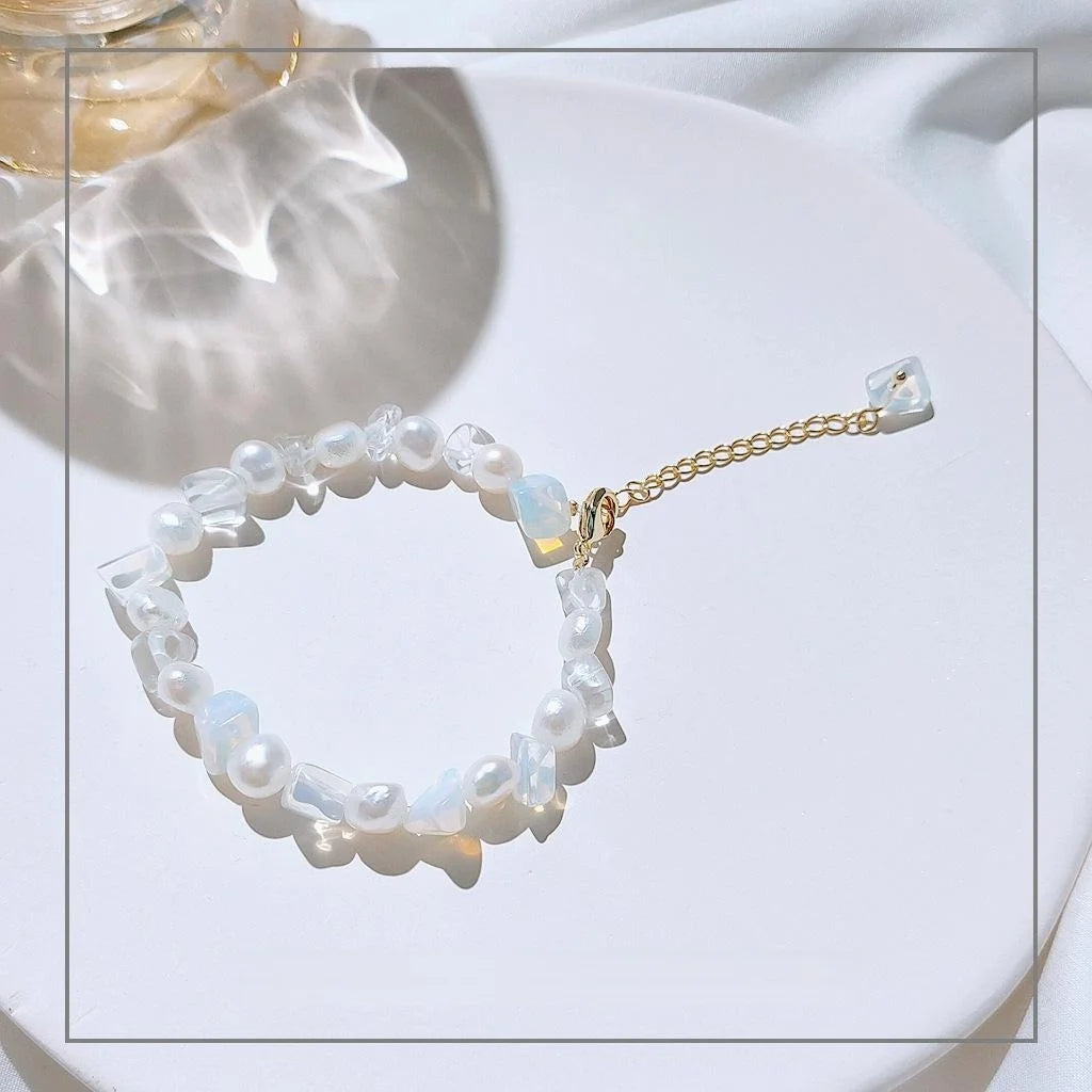 14K Gold Plated Glass Moonstone Pearl Bracelet French Vintage Geometric Circle Jewelry