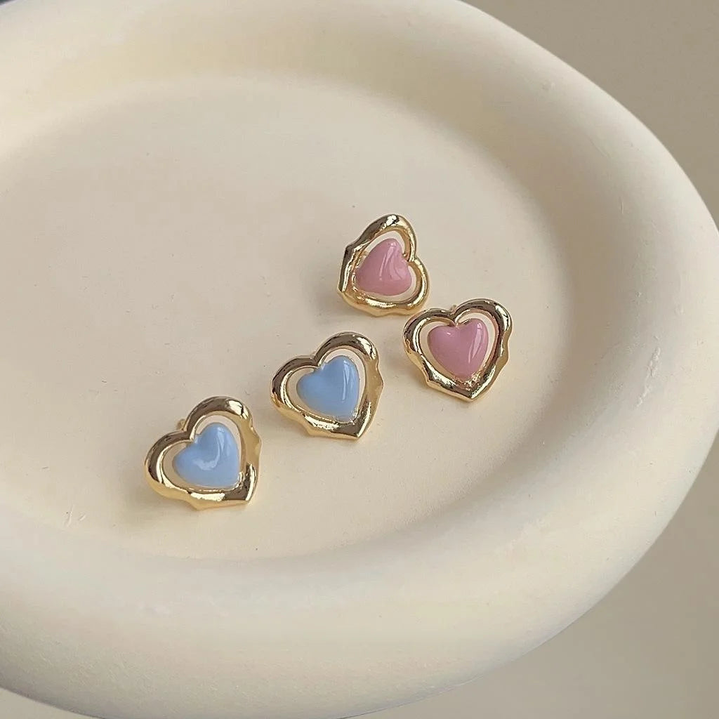 Sweet Pink Blue Hollow Heart Copper Stud Earrings For Women Mini Cute Daily Student Jewelry