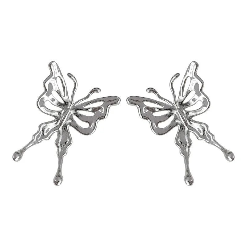 Sweet Cool Silver Tone Copper Liquid Butterfly Hollow Wing Drop Earrings For Women