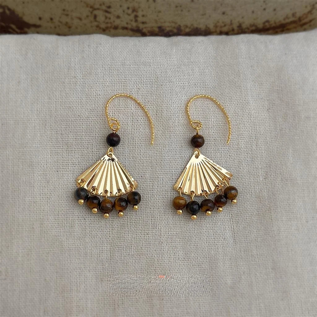Maillard Vintage Copper Natural Tiger Eye Fan Tassel Drop Earrings For Women