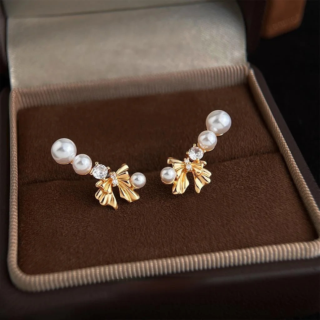 French Vintage Bow High Luster Pearl Drop Earrings With Zircon Inlaid Copper
