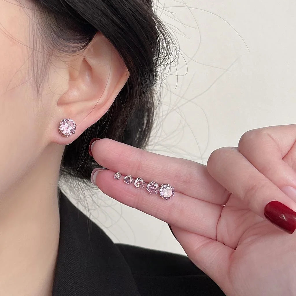 Minimalist Pink Zircon Copper Stud Earrings Geometric Round Daily Jewelry