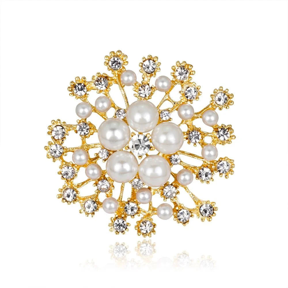 Elegant Snowflake Flower Pearl Rhinestone Brooch, Gold Alloy Lapel Pin Corsage Suit Accessory Gift
