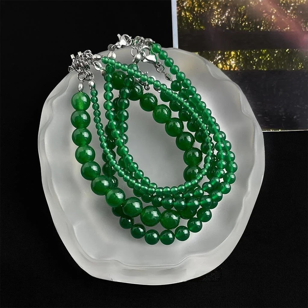 Natural Green Chalcedony Beaded Bracelet New Chinese Geometric Round Vintage Jewelry