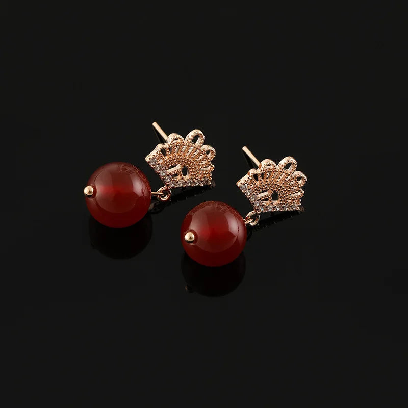 Vintage Chinese Fan Zircon Alloy Red Agate Drop Stud & Clip On No Piercing Women New Year Earrings