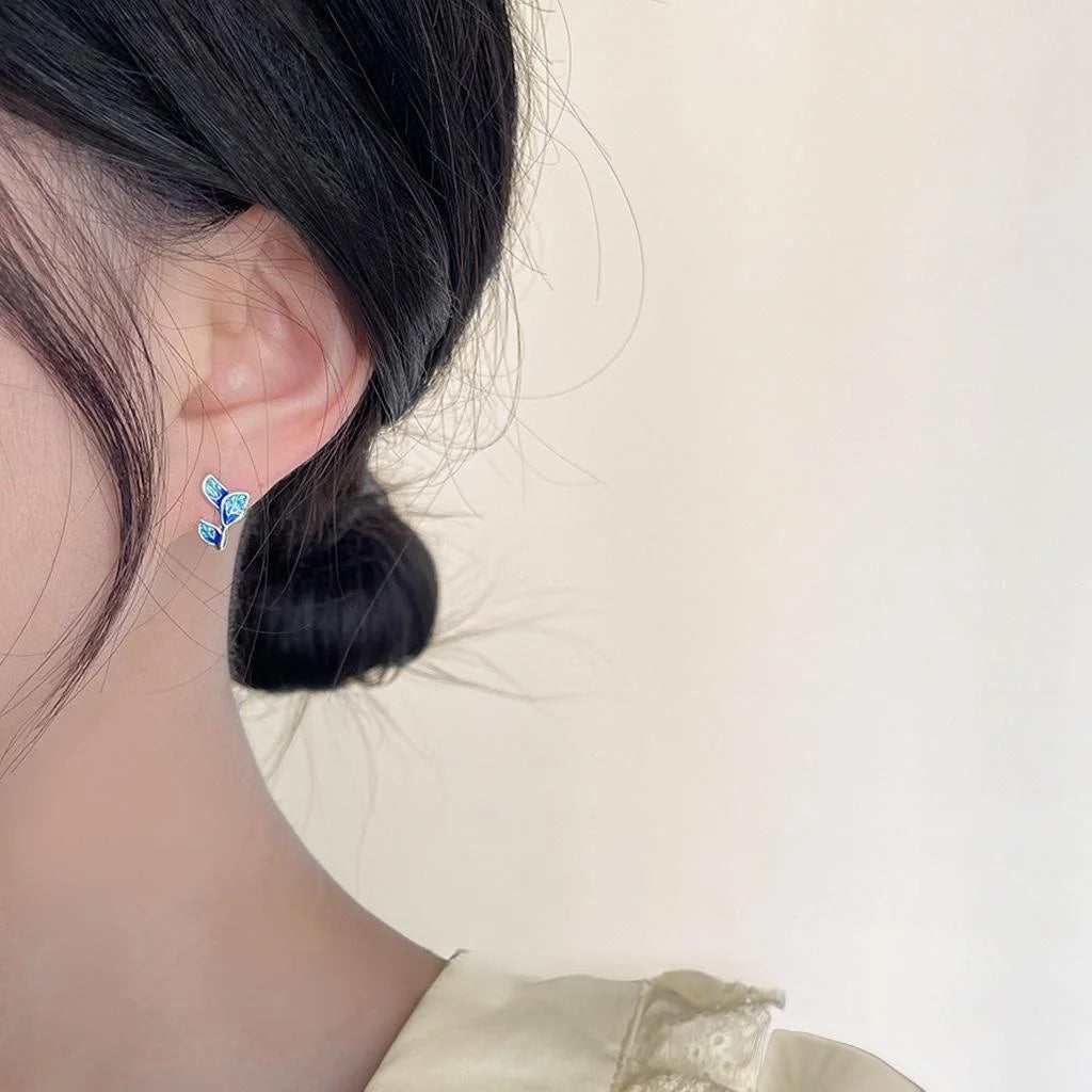 Copper Leaf Stud Earrings For Women, Simple New Chinese Cloisonne Color Commuter Jewelry