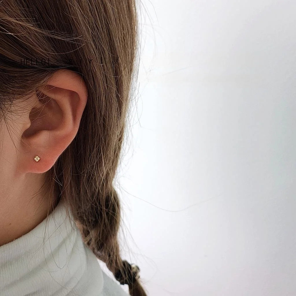 14K Gold Plated Copper Micro Pave Zircon Geometric Polka Dot Mini Stud Earrings 6 Piece