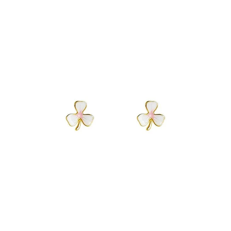 Sweet Enamel Flower Stud Earrings, Mini Copper Pink White Floral Earrings