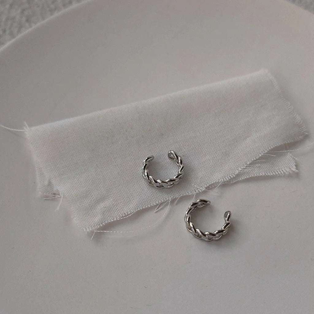 Silver Tone Copper Geometric Woven Hollow Chain Ear Cuff Drop Earrings No Piercing Korean Style