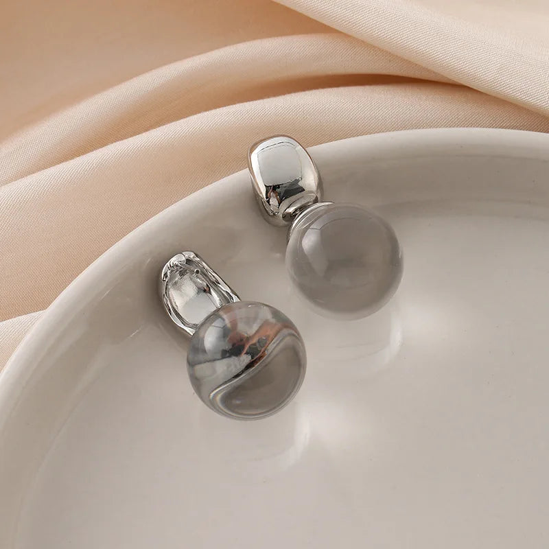 Elegant Large Smoky Crystal Ball Dangle Stud & Clip On No Piercing Silver Alloy Drop Earrings