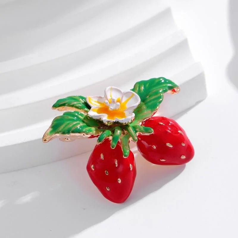 Cute Enamel Strawberry Flower Brooch With Gold Tone Alloy Leaves, Fruit Lapel Pin For Cardigan Gift