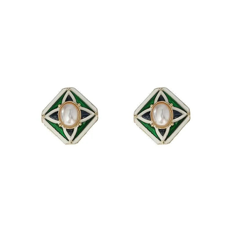 Vintage Geometric Square Pearl Stud Earrings Copper Light Luxury Court Style