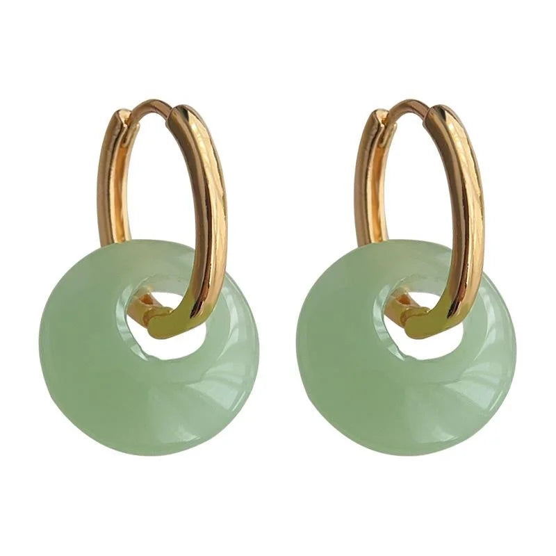 New Chinese Style Jade Color Peace Buckle Stud Earrings Copper Glass Crystal Geometric Jewelry